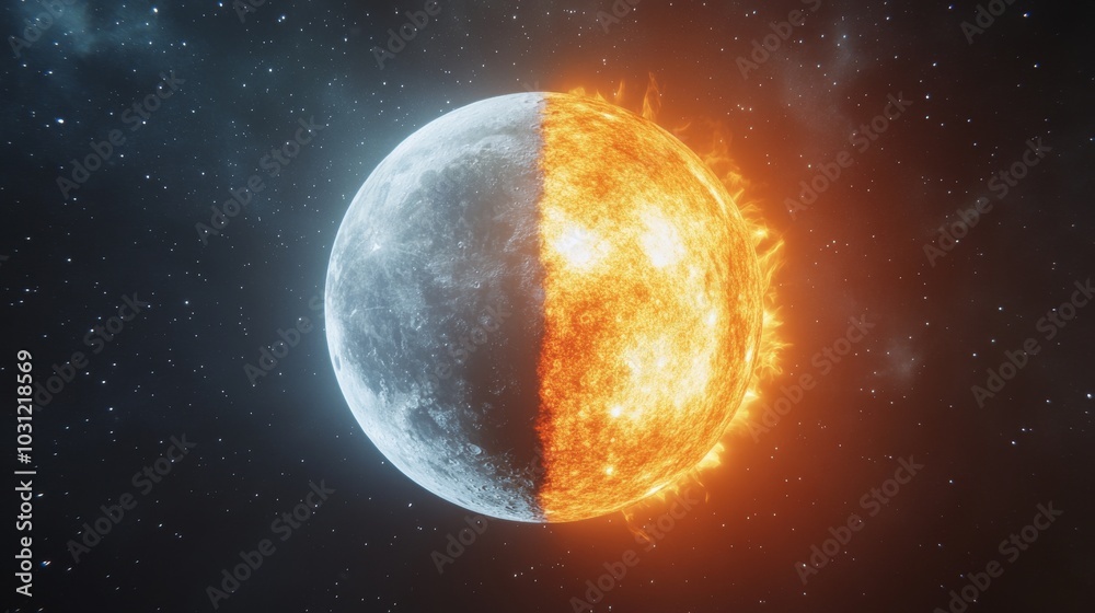 Half moon and half sun in space, cosmic duality concept