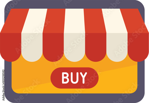 Cartoon vector illustration of an online shop facade with a striped awning displaying a buy button for e commerce marketing