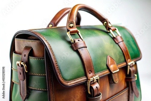 leather bag on white background handmade personalized leather bag in shades of green and brown Close-Up