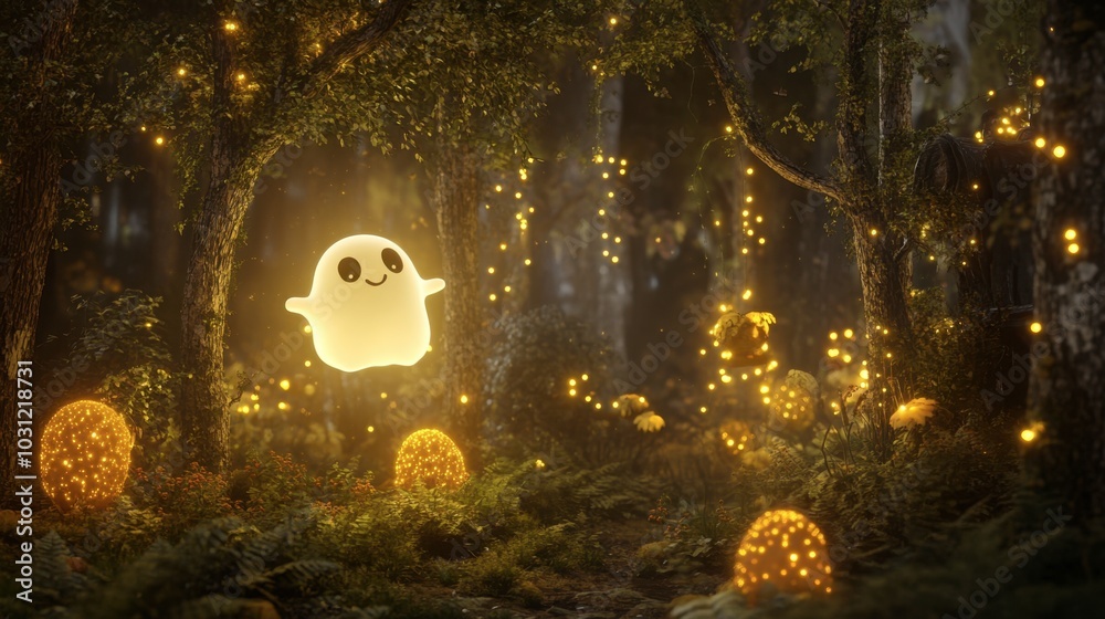 Cute Ghost in Enchanted Forest with Twinkling Lights Cute Ghost in Enchanted Forest with Twinkling Lights