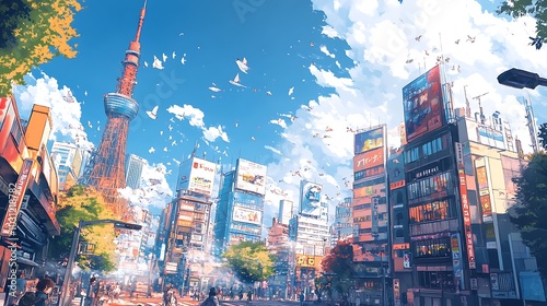 A Vibrant Anime-Style View of Tokyo's Skyline with Flying Birds