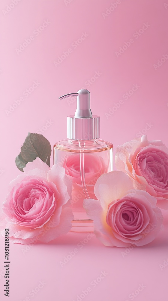 Perfume bottle with pink roses on a pastel background, elegance and beauty concept Perfume bottle with pink roses on a pastel background, elegance and beauty concept