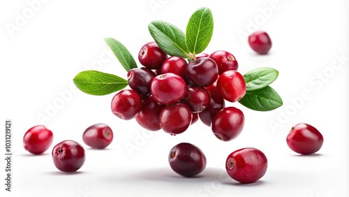 Levitating cranberry with leaves on a white isolated background