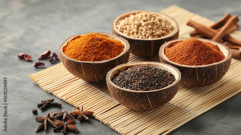 A collection of vibrant spices in wooden bowls, showcasing rich colors and textures, perfect for culinary and food photography. A collection of vibrant spices in wooden bowls, showcasing rich colors and textures, perfect for culinary and food photography.
