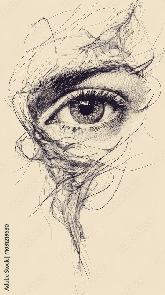Fototapeta premium Artistic sketch of a detailed human eye with swirling abstract lines, intricate drawing concept