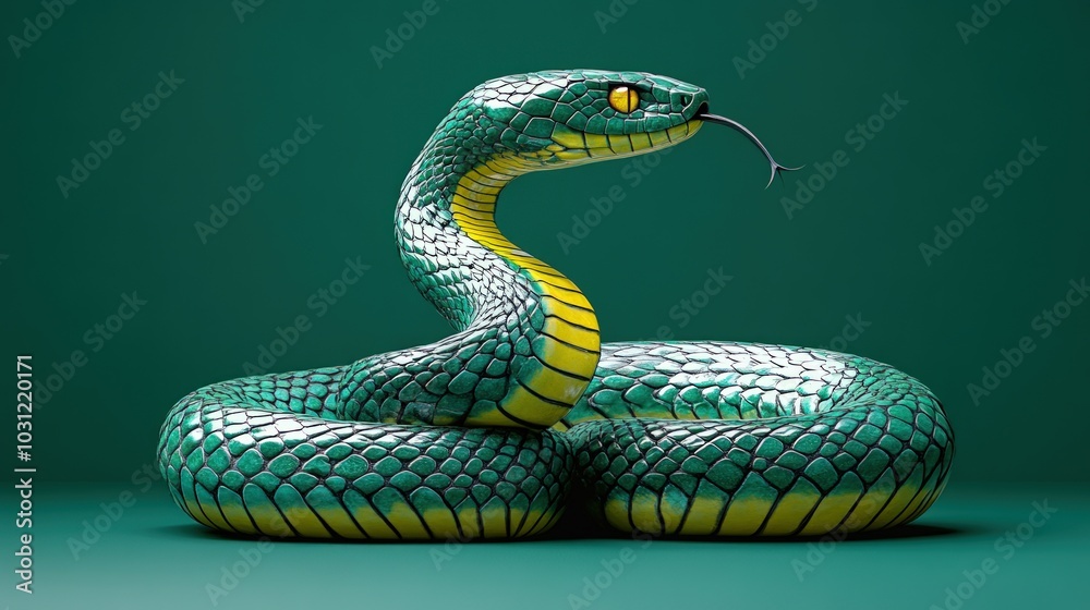 Obraz premium Green snake with yellow stripes in a coiled position on a green background.