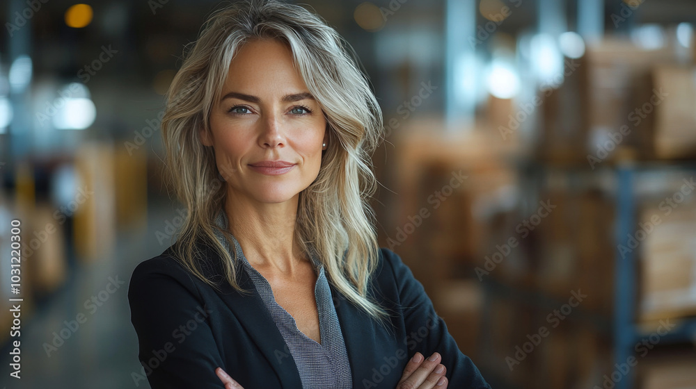 Confident businesswoman standing in a warehouse. Confident businesswoman standing in a warehouse.