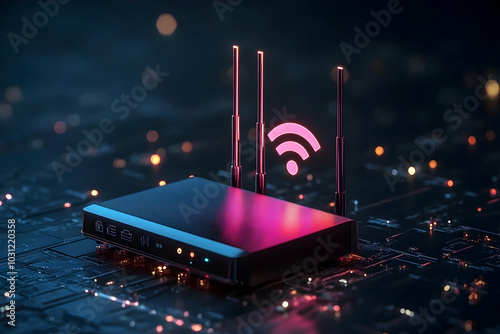 3D Illustration of a Router with Wifi Signal on a Circuit Board photo