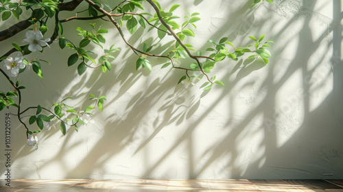 Wooden table background with empty space and ficus leaves shadows