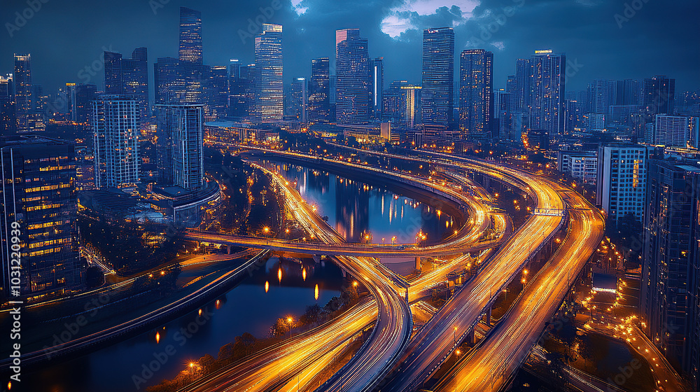 Highway, cityscape, river, bridge, street lights, skyscrapers, aerial view, urban landscape, evening light Highway, cityscape, river, bridge, street lights, skyscrapers, aerial view, urban landscape, evening light