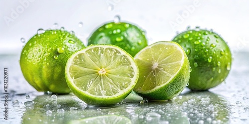 Limes on white background with water drops reflection