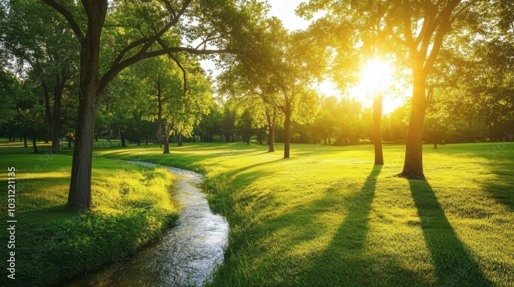 Obraz premium Serene Landscape with Stream and Sunlight Peeking Through Trees