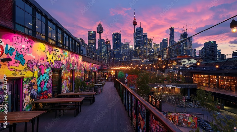 Naklejka premium A futuristic skyline adorned with creative street art murals on the lower floors, blending urban innovation with artistic flair