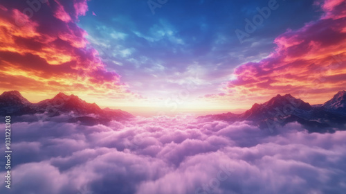 A breathtaking sunset over a mountain range with fluffy clouds.