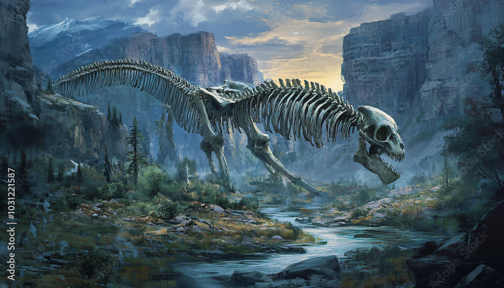 A vast canyon filled with enormous, ancient skeletons of creatures never seen before A vast canyon filled with enormous, ancient skeletons of creatures never seen before