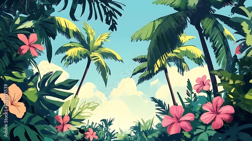 Lush Tropical Jungle with Palm Trees and Pink Flowers