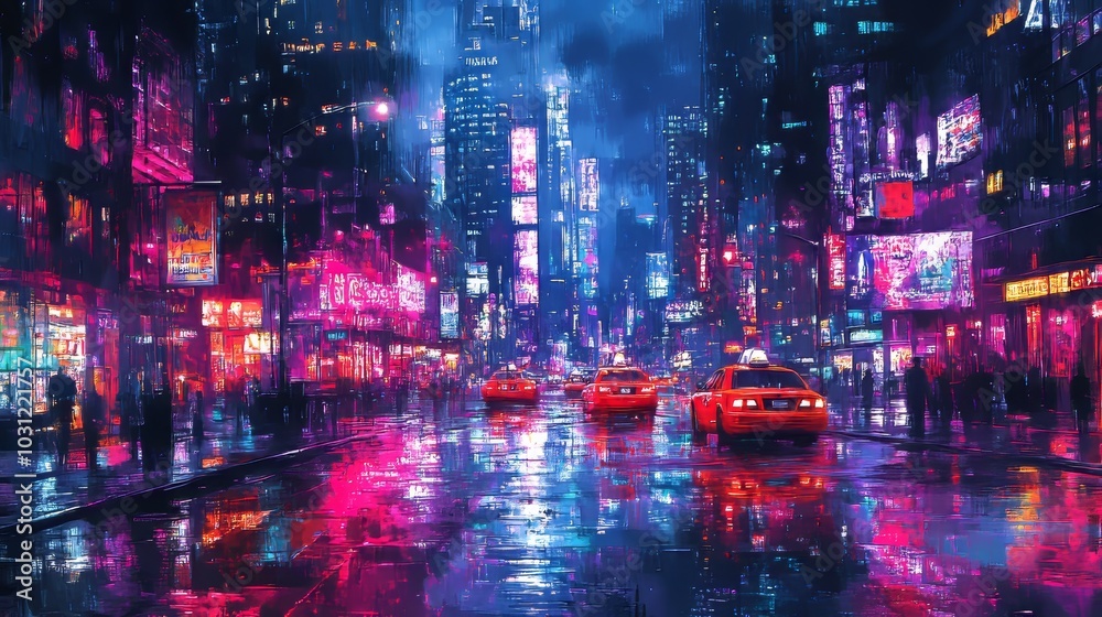 A bustling city at night, skyscrapers towering above, their lights reflecting off walls covered in vibrant neon graffiti, painted in a rich watercolor style A bustling city at night, skyscrapers towering above, their lights reflecting off walls covered in vibrant neon graffiti, painted in a rich watercolor style