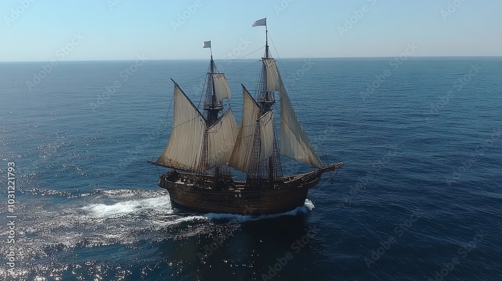 A sailing ship navigating through calm ocean waters. A sailing ship navigating through calm ocean waters.