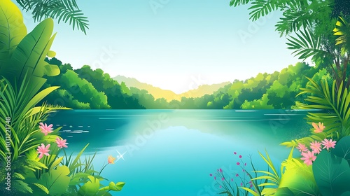 Lush Tropical Landscape with a Tranquil Lake