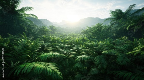 A lush green jungle with a sun shining through the trees