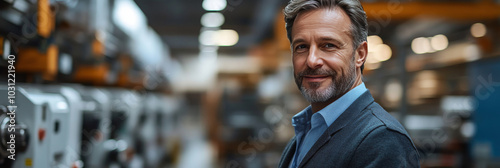 Confident businessman in a factory setting.