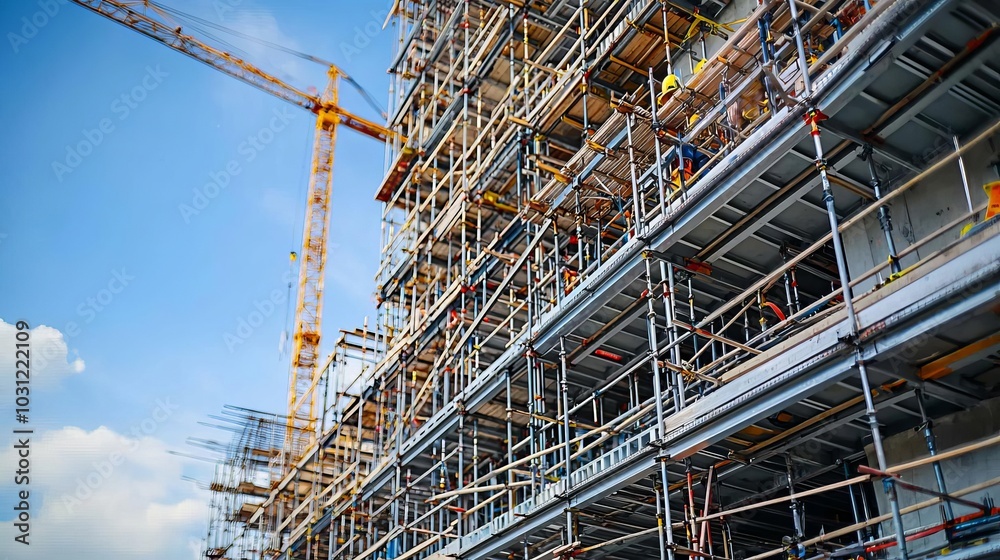 Construction Engineer Building Framework A close-up of steel beams and scaffolding on a high-rise building under construction, with a crane and construction tools in the background Construction Engineer Building Framework A close-up of steel beams and scaffolding on a high-rise building under construction, with a crane and construction tools in the background
