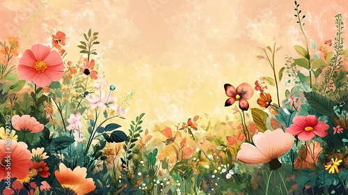 Watercolor Painting of a Flowery Meadow with a Peach-Colored Background