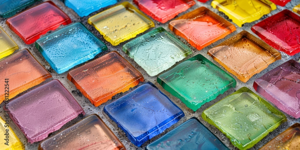 The background is made of glass, square tiles of different colors. close-up The background is made of glass, square tiles of different colors. close-up