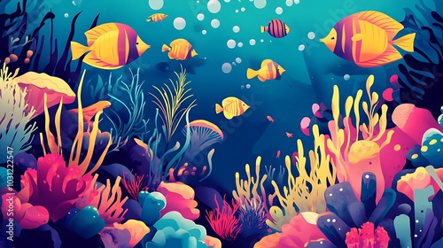 Underwater Scene with Colorful Fish and Coral Reefs