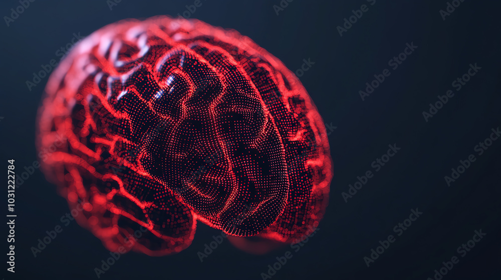 A detailed depiction of a human brain with a vibrant red hue against a dark background, emphasizing neural connections and intricate structures. A detailed depiction of a human brain with a vibrant red hue against a dark background, emphasizing neural connections and intricate structures.