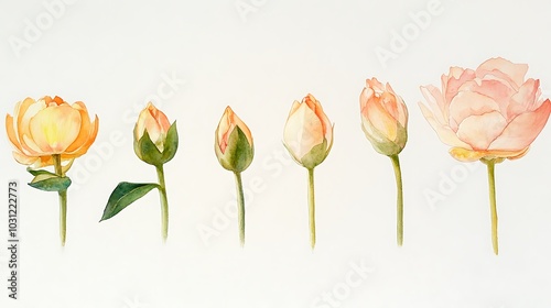 Watercolor Painting of a Rose in Various Stages of Bloom