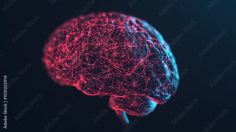A digitally rendered brain showcasing vibrant connections and neural pathways in red and blue tones against a dark background.