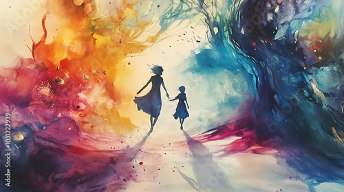 Two Silhouettes of Women Walking Towards an Abstract, Watercolor Background