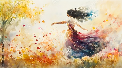 Woman in Flowing Dress Dancing in Autumn Field