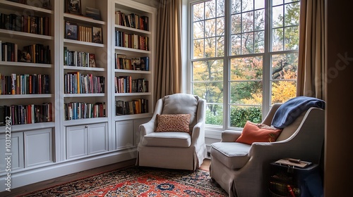 Cozy Reading Nook with Bookcases, Chairs, and Autumn View