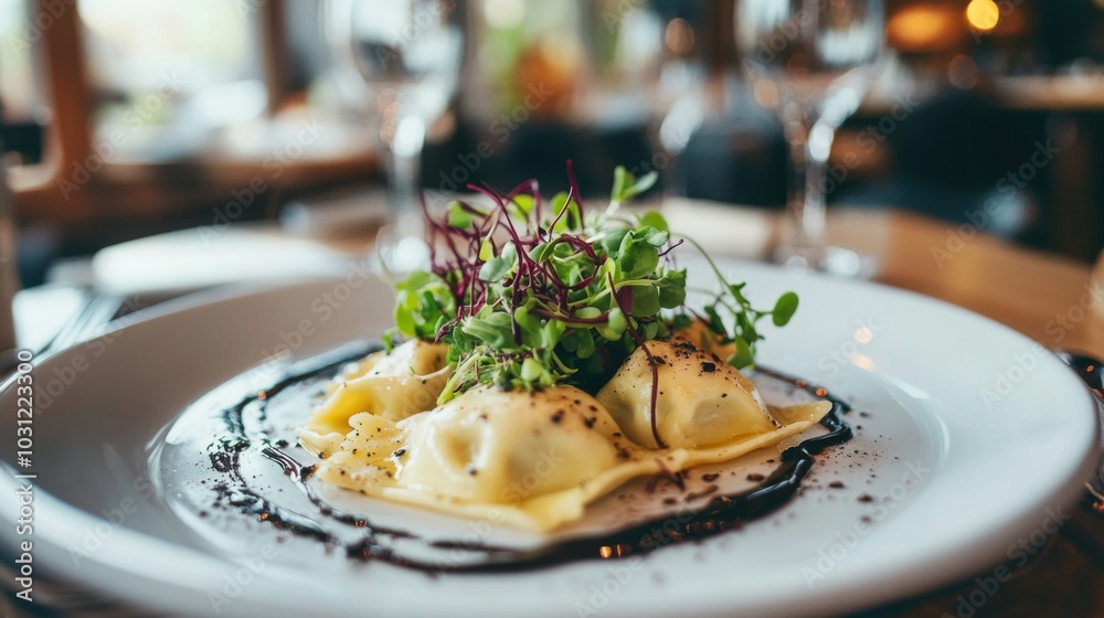 Fresh Gourmet Ravioli on a Plate with Herbs Fresh Gourmet Ravioli on a Plate with Herbs