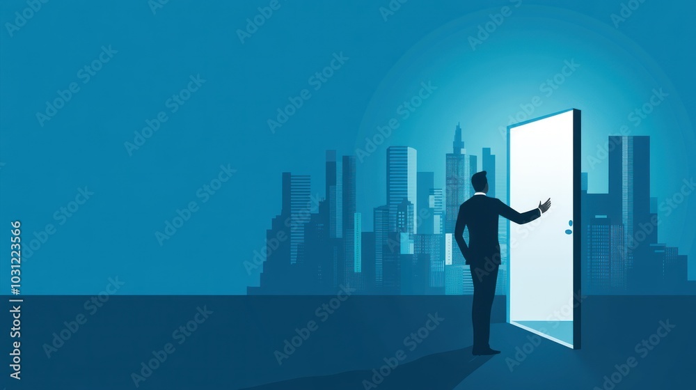 A businessman stands in front of an open door, reaching out to touch the cityscape within, symbolizing his reach toward success and growth. A businessman stands in front of an open door, reaching out to touch the cityscape within, symbolizing his reach toward success and growth.