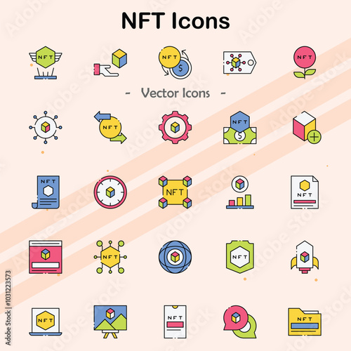 Icons representing Non-Fungible Tokens and digital assets.