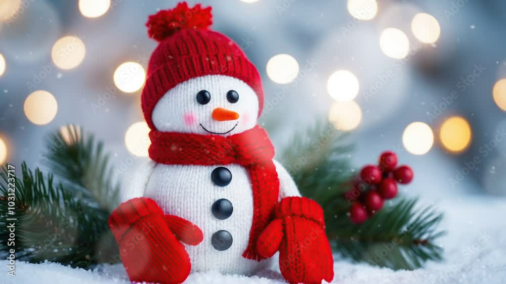 A knitted snowman wearing a red hat, scarf, and mittens sits in the snow with a pine branch and red berries in the background. A knitted snowman wearing a red hat, scarf, and mittens sits in the snow with a pine branch and red berries in the background.