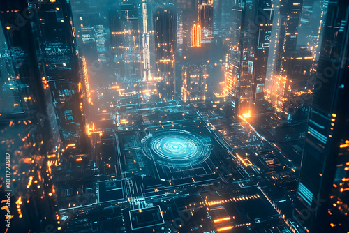 Futuristic Cityscape with Glowing Lights and Circuitry - 3D Illustration