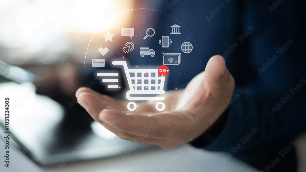 A man using a smartphone with shopping cart and business icons, representing the convenience of online shopping and e-commerce technology with home delivery services. A man using a smartphone with shopping cart and business icons, representing the convenience of online shopping and e-commerce technology with home delivery services.