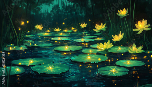  dark swamp filled with glowing plants and creatures. Giant lily pads float on the water, each one emitting a soft, shifting glow