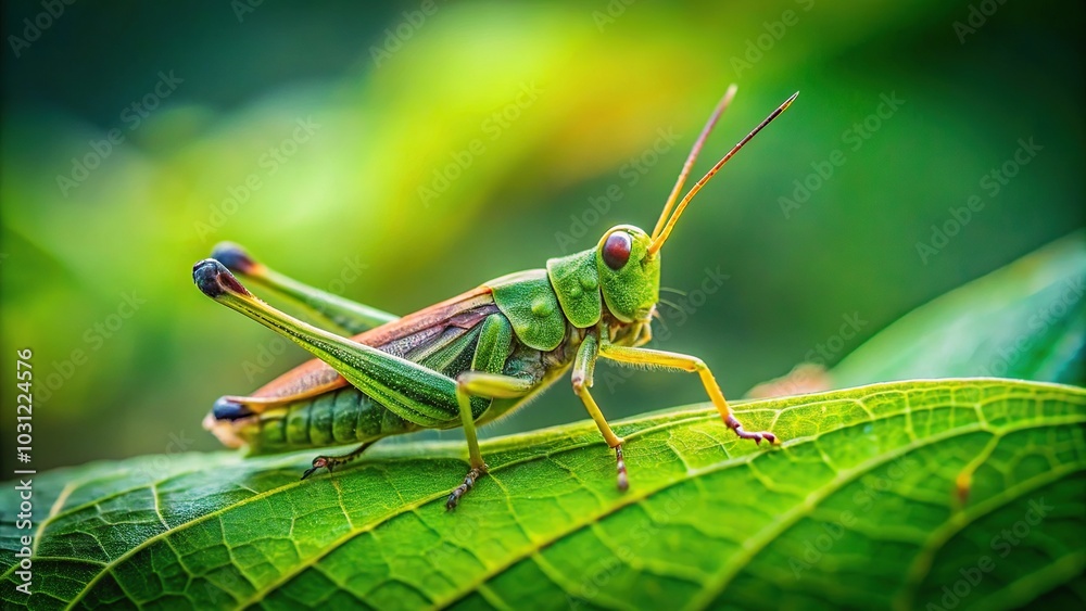 Little grasshopper insect sitting on a leaf in a forest, creating a forced perspective effect Little grasshopper insect sitting on a leaf in a forest, creating a forced perspective effect