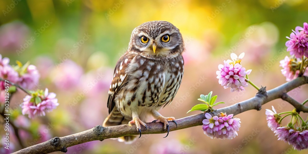 Little owl perched on wooden branch surrounded by flowers
