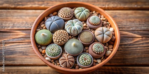 Lithops plants in ceramic pot on wooden table