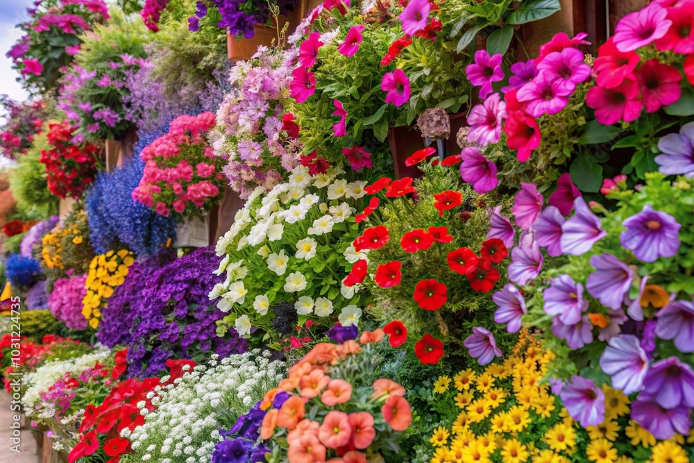 Fototapeta premium Lively bank of colorful flowers including petunias, cinerarias, salvias, and rose creepers Macro