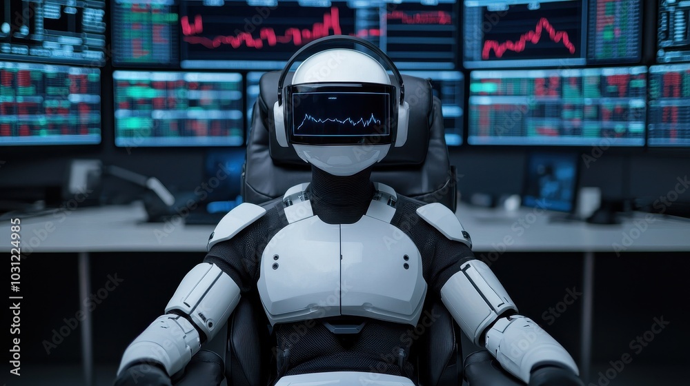 A humanoid robot sits in front of multiple screens displaying financial data, showcasing the blend of technology and finance in a modern workspace. A humanoid robot sits in front of multiple screens displaying financial data, showcasing the blend of technology and finance in a modern workspace.