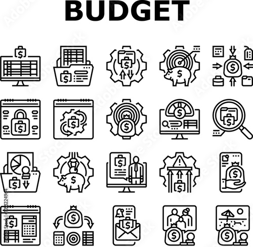 planning budget finance income icons set vector. investment cashflow, management optimization, prioritization tracking planning budget finance income black contour illustrations