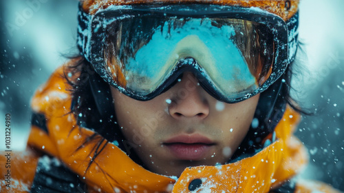 A close-up shot of a young man wearing ski goggles in a snowy winter environment.