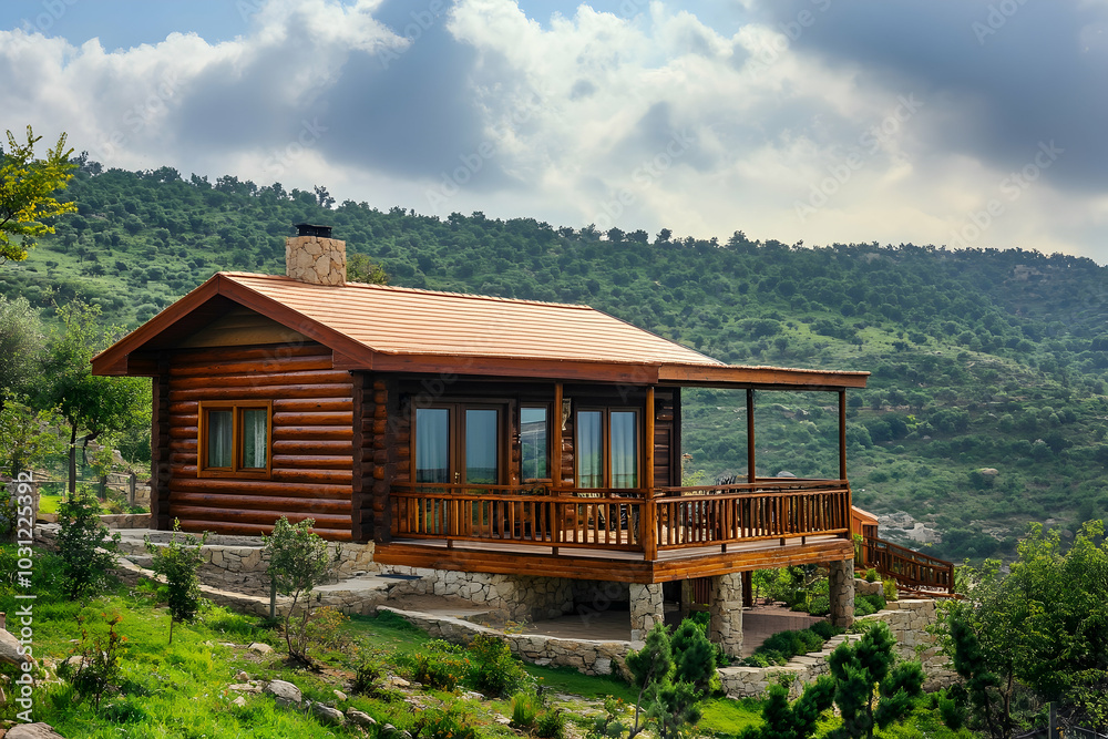 Wooden Cabin on Hillside with Green Trees and Cloudy Sky - Photo Wooden Cabin on Hillside with Green Trees and Cloudy Sky - Photo